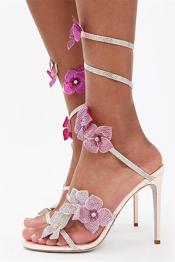 Sandales à talons aiguilles perlées roses scintillantes avec fleurs 3D